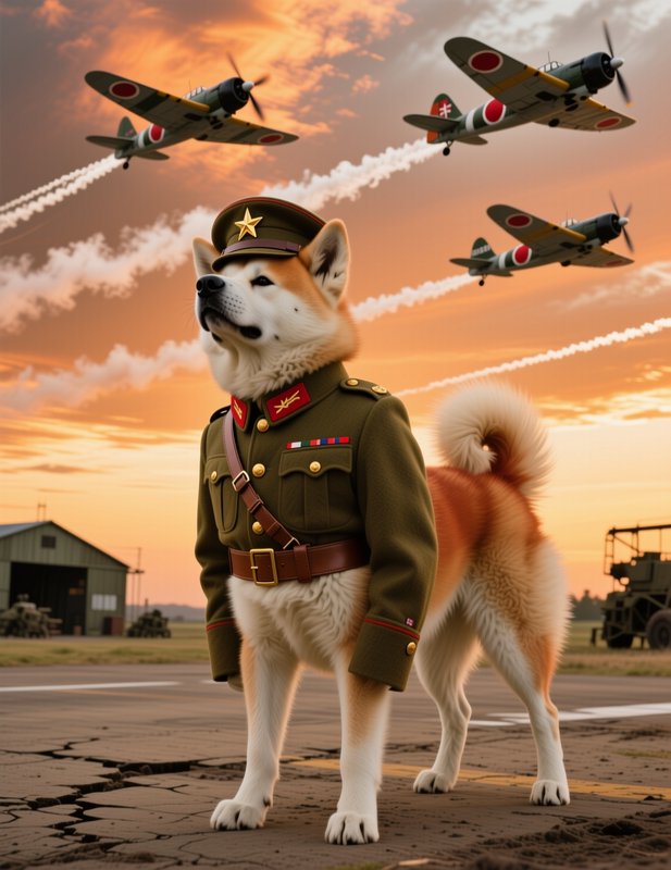 Anthropomorphic Akita Inu in vintage military uniform stands on an airfield tarmac as WWII fighte...