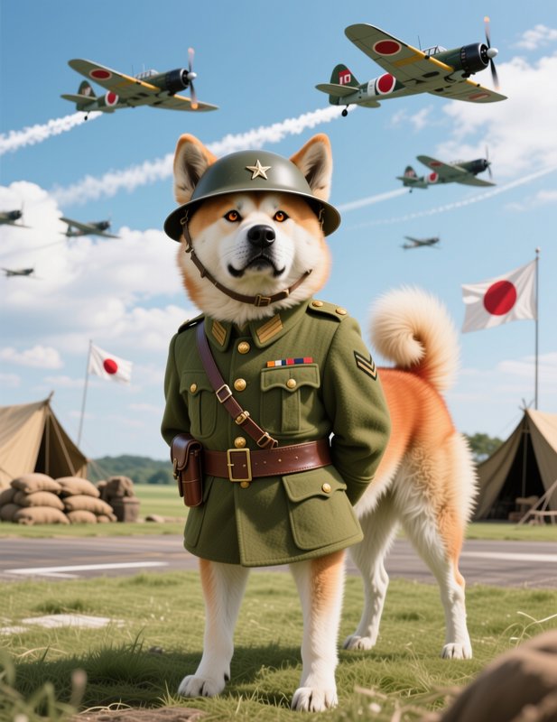 Anthropomorphic Akita Inu in vintage Japanese military uniform stands on an airfield, with WWII f...