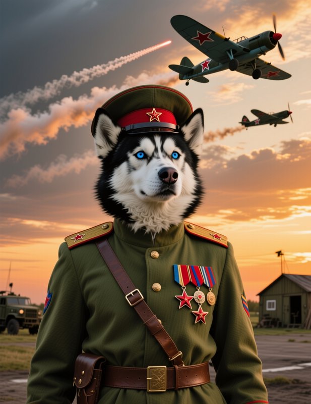 Anthropomorphic bright blue-eyed Siberian husky in Soviet military uniform, vintage fighter plane...