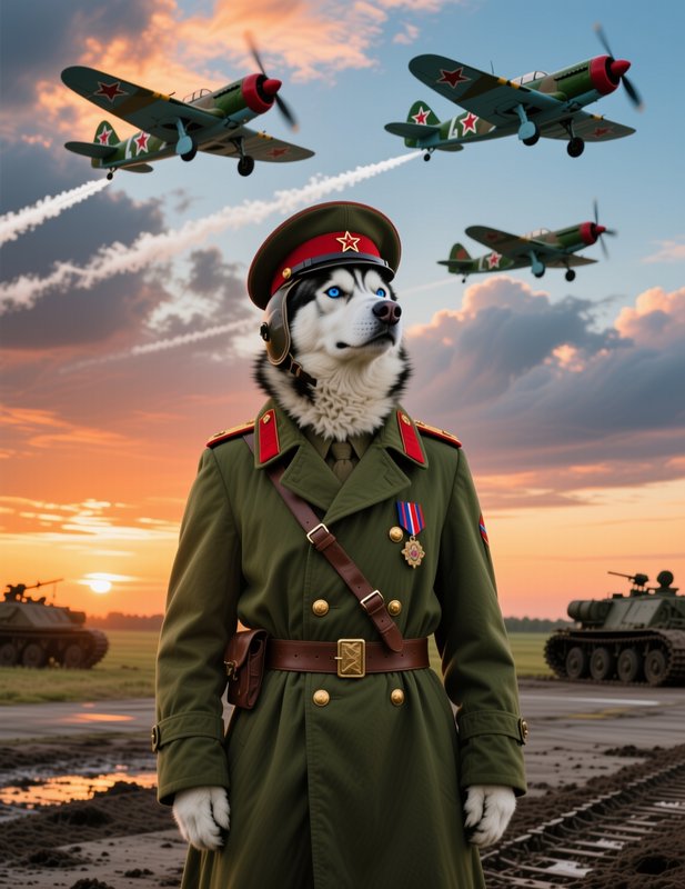 Anthropomorphic blue-eyed husky in Soviet military uniform stands as vintage fighter jets fly ove...