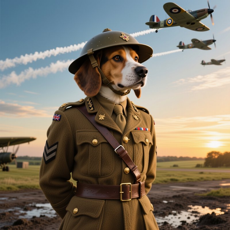 Dignified anthropomorphic beagle in WWII British military uniform stands as Spitfire aircraft fly...