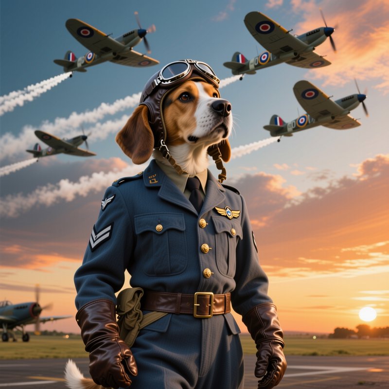 Anthropomorphic beagle in vintage WWII pilot uniform stands on an airfield as Spitfire planes fly...