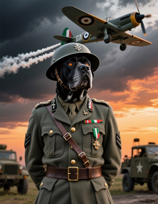 Stoic Cane Corso dog in vintage WWII military uniform stands on an airfield, with a propeller war...