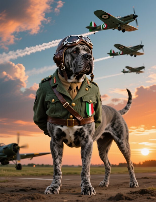 Large merle mastiff in vintage pilot uniform stands on an airfield as WWII fighter planes fly ove...