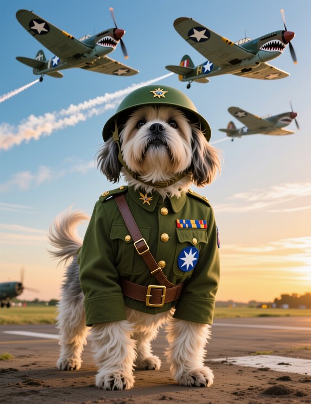Shih Tzu in WWII military officer uniform stands on airfield tarmac as shark-mouth P-40 fighter p...