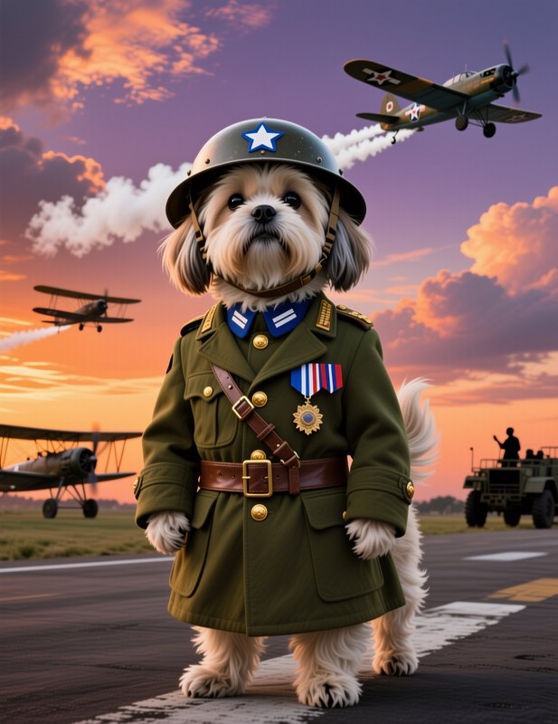 Cute fluffy dog in a vintage military officer uniform stands on an airfield tarmac with WWII plan...