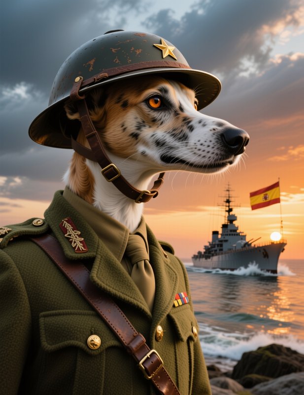 Anthropomorphic spotted dog in vintage military uniform stands on a coastal shore, battleship fly...