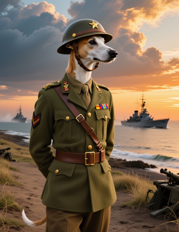 Anthropomorphic whippet in vintage military officer uniform stands on a coastal beach at sunset w...