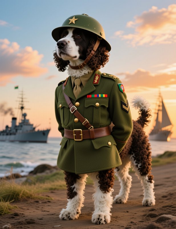 Curly coated spaniel dog in vintage military uniform and helmet stands on a sandy beach at sunset...