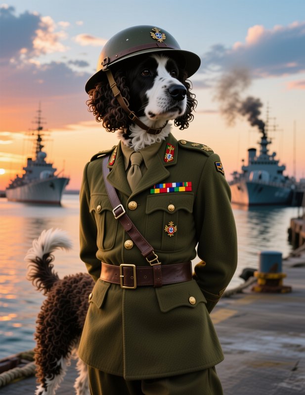 Anthropomorphic curly spaniel in vintage military officer uniform stands on a harbor dock at suns...