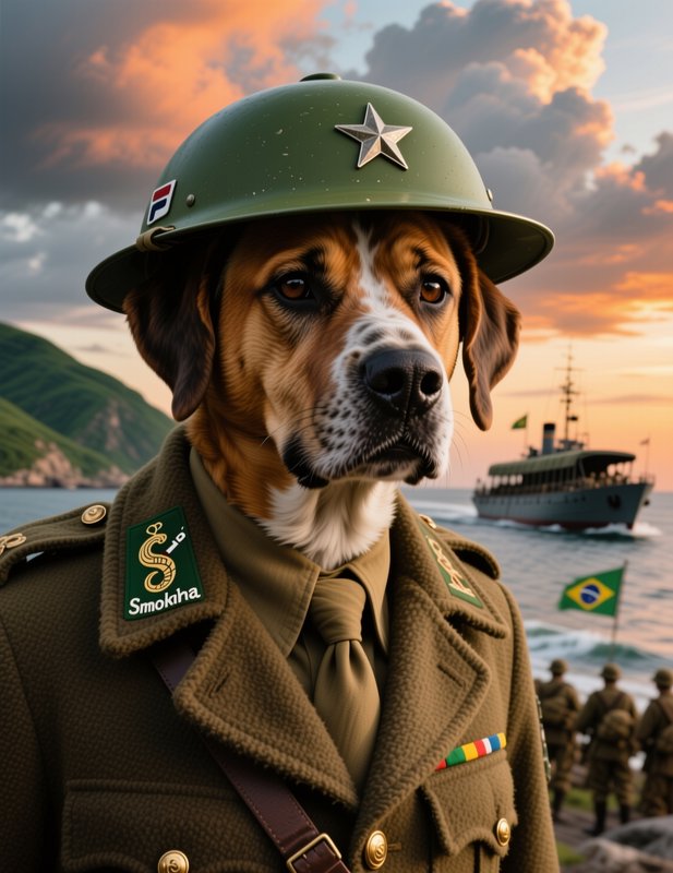 Anthropomorphic hound dog in vintage military uniform and helmet, standing against a coastal wart...