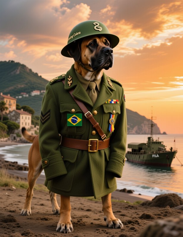 Anthropomorphic Great Dane in Brazilian military uniform stands on a sandy beach at golden sunset