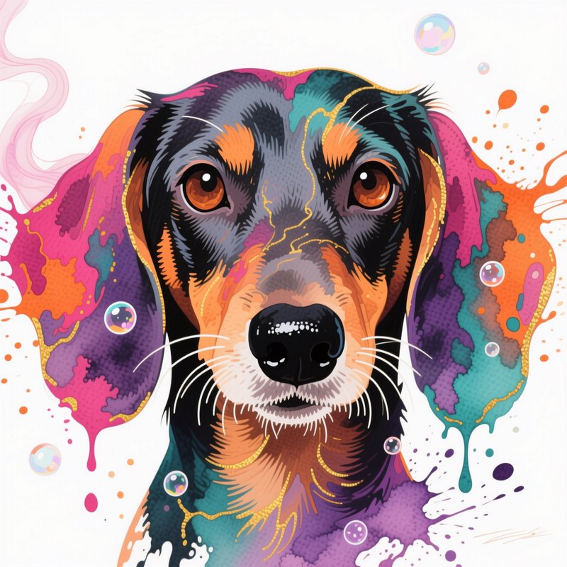 Vibrant pop art portrait of a dachshund dog, surrounded by abstract colorful paint splatters and ...
