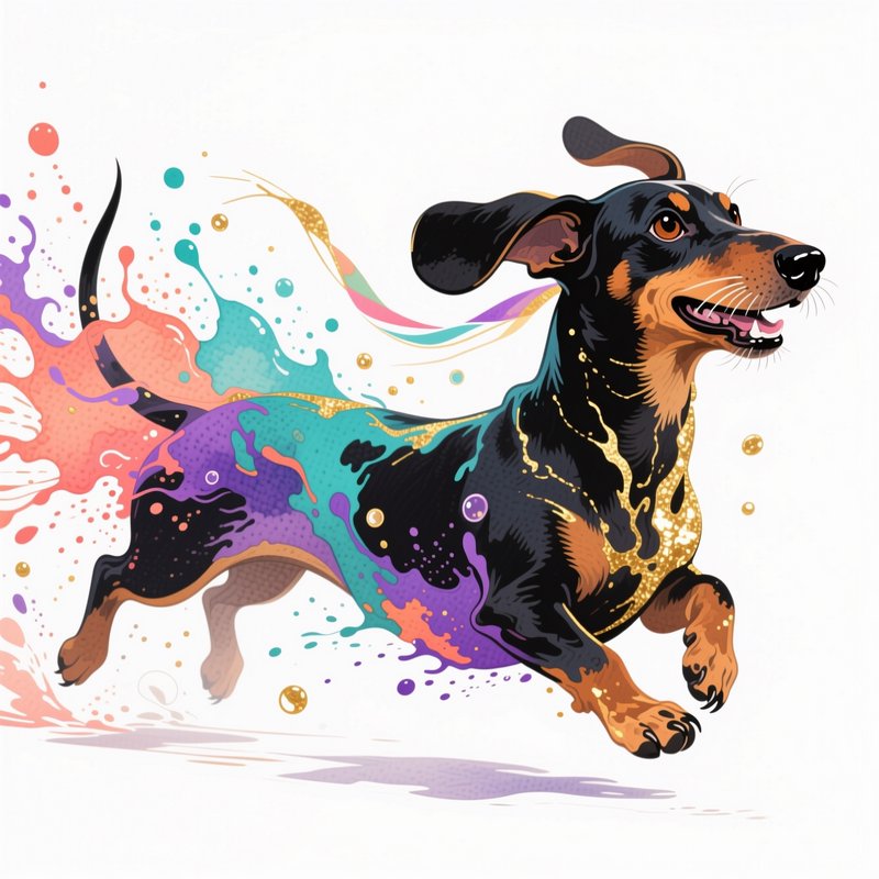 Vibrant illustrated running dachshund with colorful paint and glitter splashes trailing on a plai...