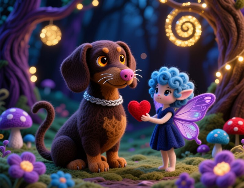Needle-felt fairy holds a red heart out to a plush dachshund in a glowing enchanted fantasy forest