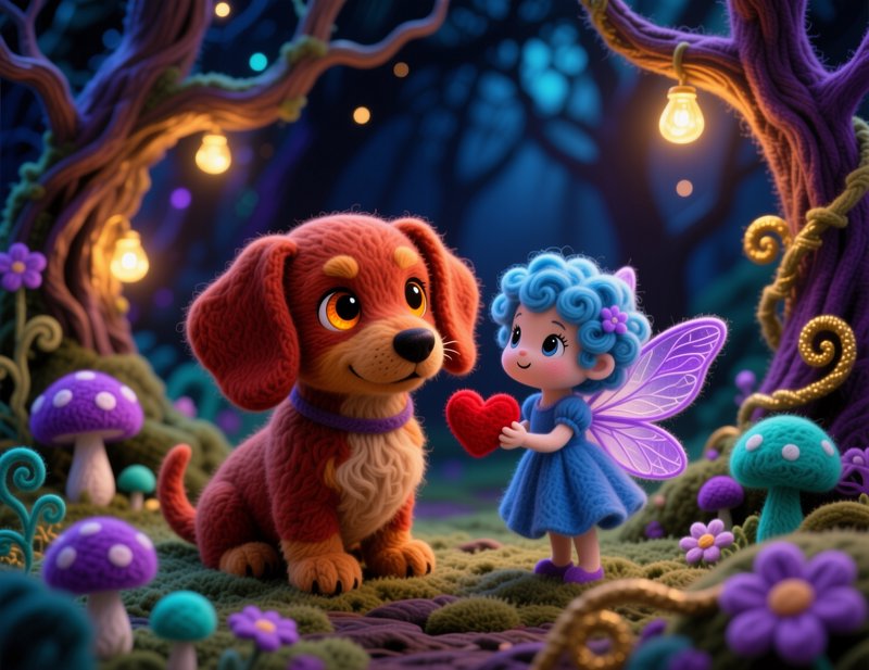 Needle felt art of a tiny winged fairy offering a red heart to a fluffy dachshund in a glowing en...