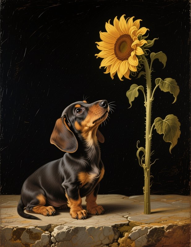 Cute black and tan dachshund puppy sits looking up in wonder at a tall blooming sunflower against...