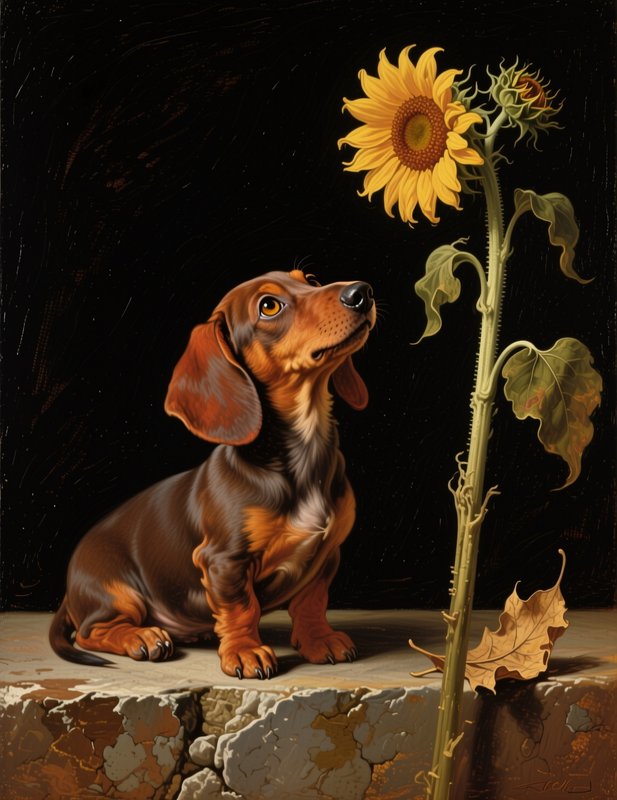 Adorable brown dachshund puppy sits gazing curiously at a tall blooming sunflower against a dark ...
