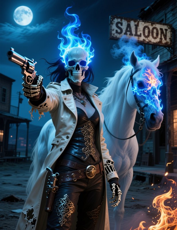 Undead female cowboy with flaming blue skull aims a revolver beside a glowing spectral horse in a...