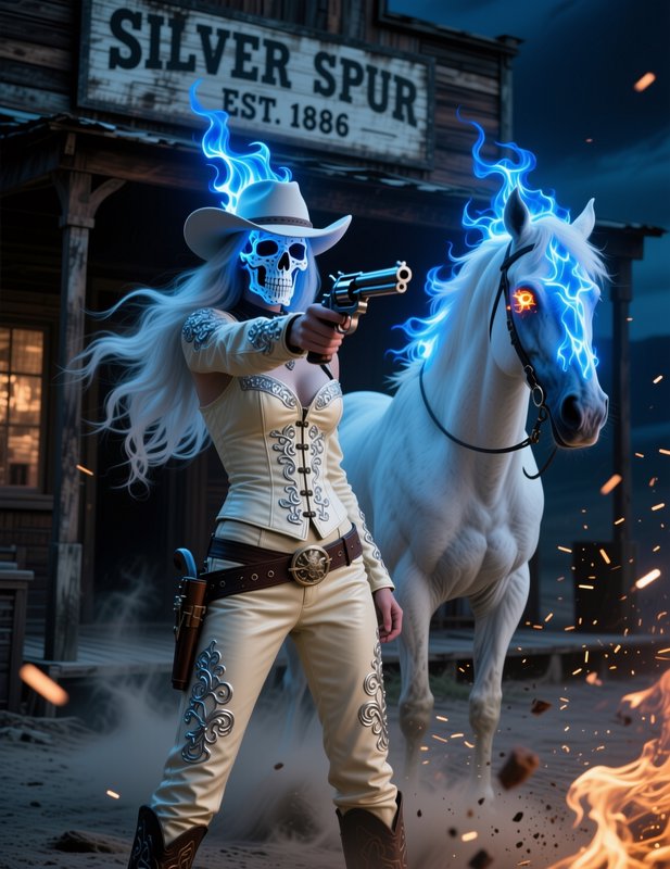 Undead skeleton cowgirl with blue flame accents aims a revolver beside her glowing spectral white...