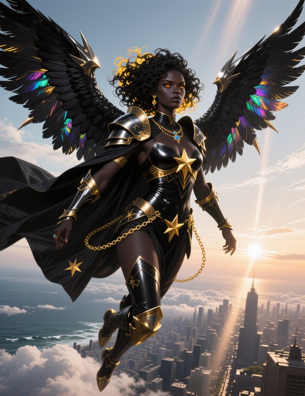 [Powerful winged Black female superhero in black and gold armor flies high over a coastal city at golden hour]