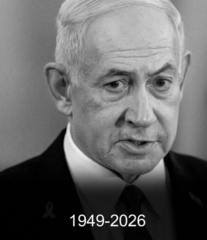 Grayscale portrait of an elderly man in a suit with a memorial ribbon and "1949-2026" overlay.