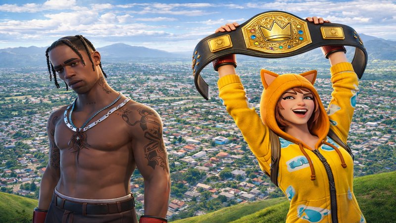 Two animated characters on a hilltop city view; a shirtless tattooed man and a girl in a yellow h...
