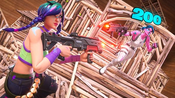 Two Fortnite characters in a wooden construction fort, one aiming a rifle at an airborne opponent...