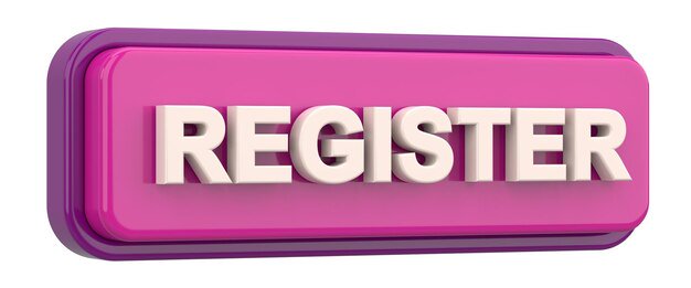 3D pink register button with layered depth and white text
