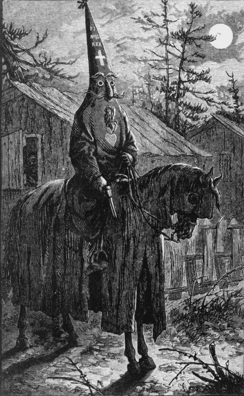 Vintage 19th century wood engraving of hooded KKK rider on horseback in a moonlit rural night set...