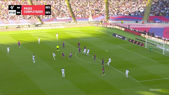 Live La Liga El Clasico overhead pitch view, showing FC Barcelona vs Real Madrid match gameplay w...