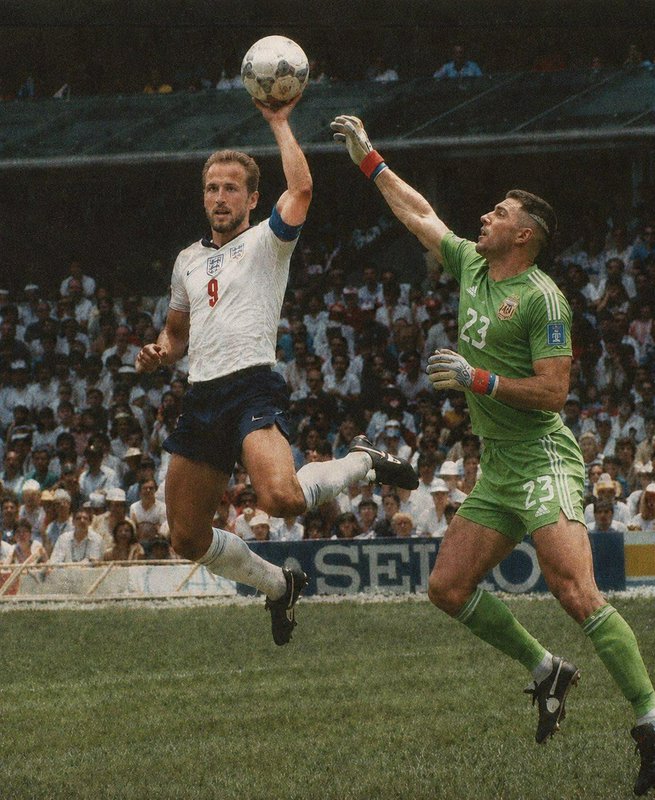 Grainy retro football match photo shows Harry Kane leaping holding a soccer ball next to a compet...