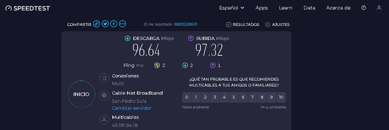 Speedtest result screenshot showing download 96.64 Mbps and upload 97.32 Mbps on a dark UI.