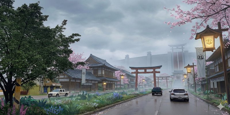 Rainy street scene with cherry blossoms, a torii gate, and traditional buildings along a modern r...
