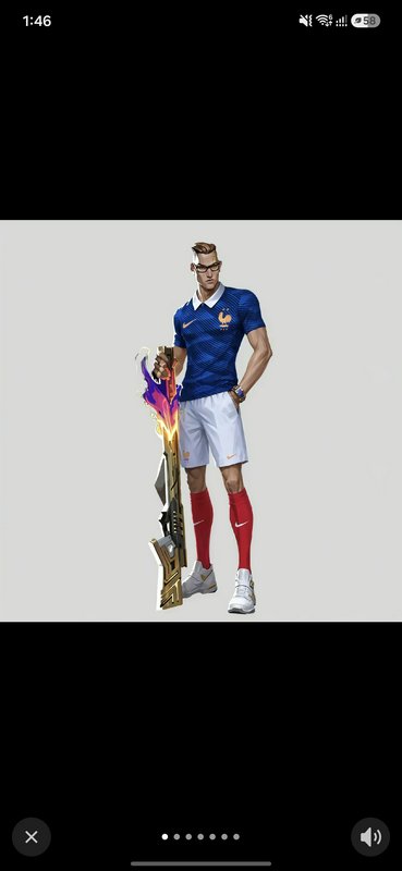 Stylized tactical game character in France national soccer kit holding a glowing ornate golden ri...