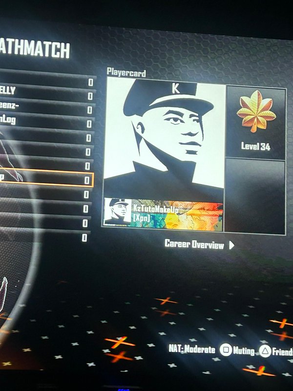 Multiplayer FPS game lobby screen showing custom player card with illustrated soldier avatar, lev...