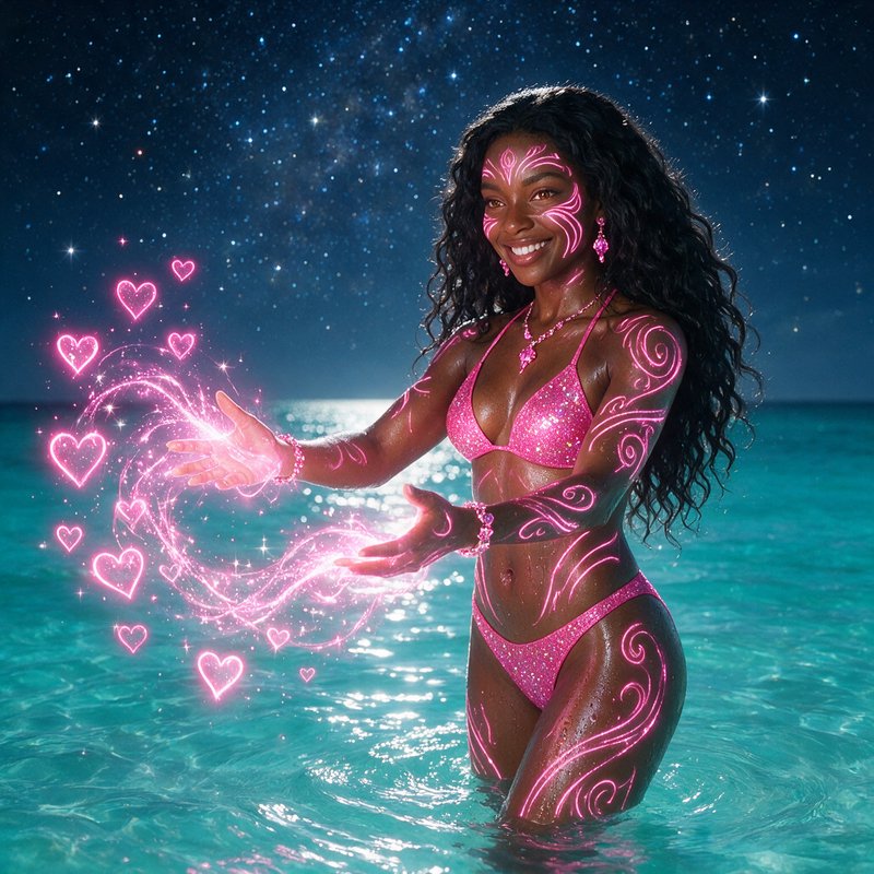 Joyful woman with glowing pink body art conjures neon heart magic while standing in turquoise oce...
