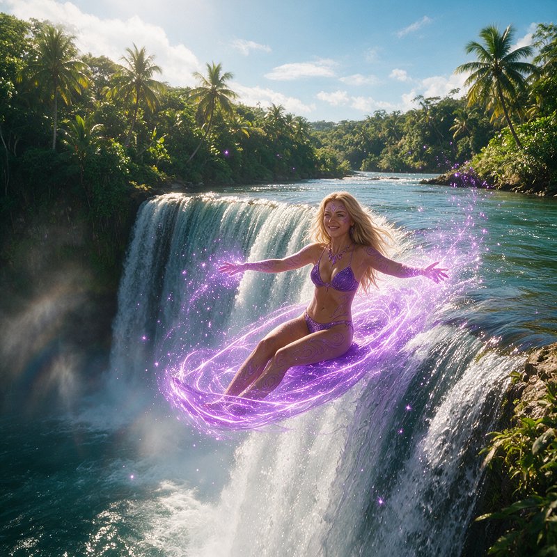 Smiling magical woman rides a glowing purple energy board above a cascading tropical jungle water...