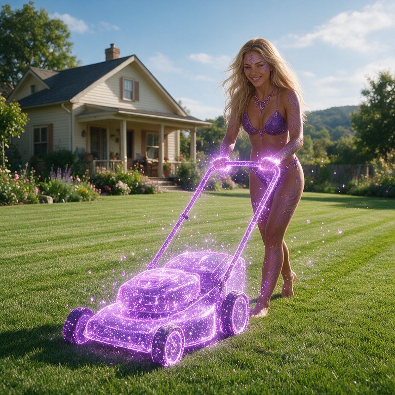 Smiling magical woman mows lawn with glowing sparkly purple lawnmower in sunny suburban cottage f...