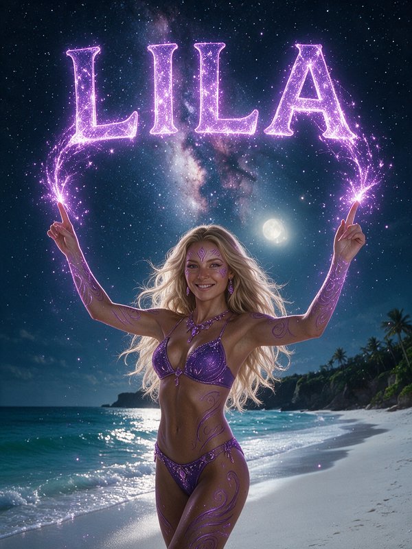 Blonde magical woman conjures glowing purple "LILA" text while standing on a moonlit tropical sta...