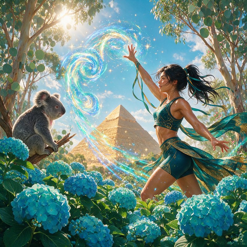 Woman conjuring glowing swirling magic beside a koala in a sunny fantasy landscape with a golden pyramid and blue hydrangeas