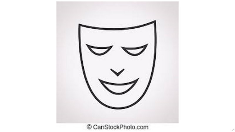 Simple black outline of a laughing theater/comedy mask on white background