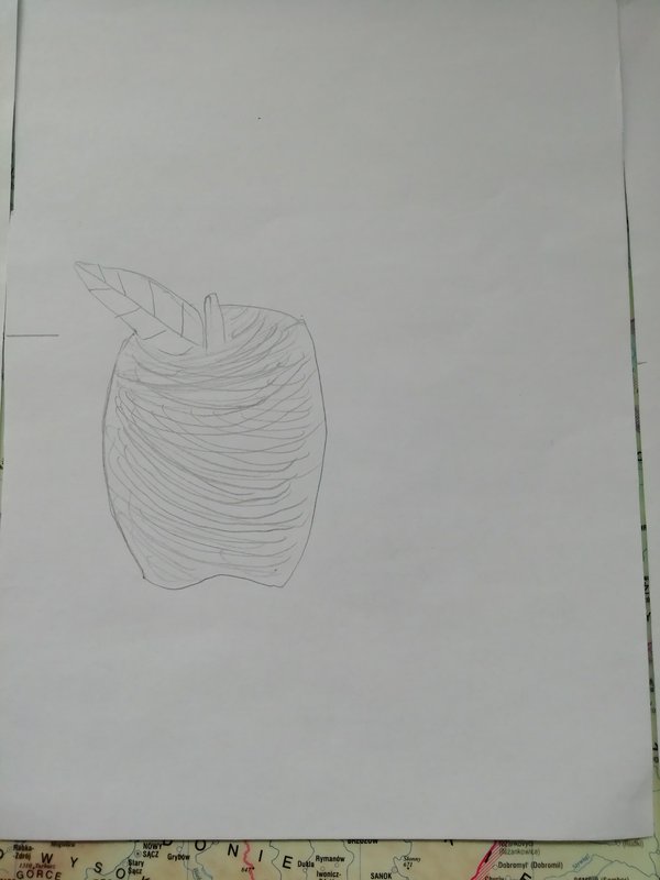 Sketch of an apple with a leaf, drawn with curved lines to show texture.