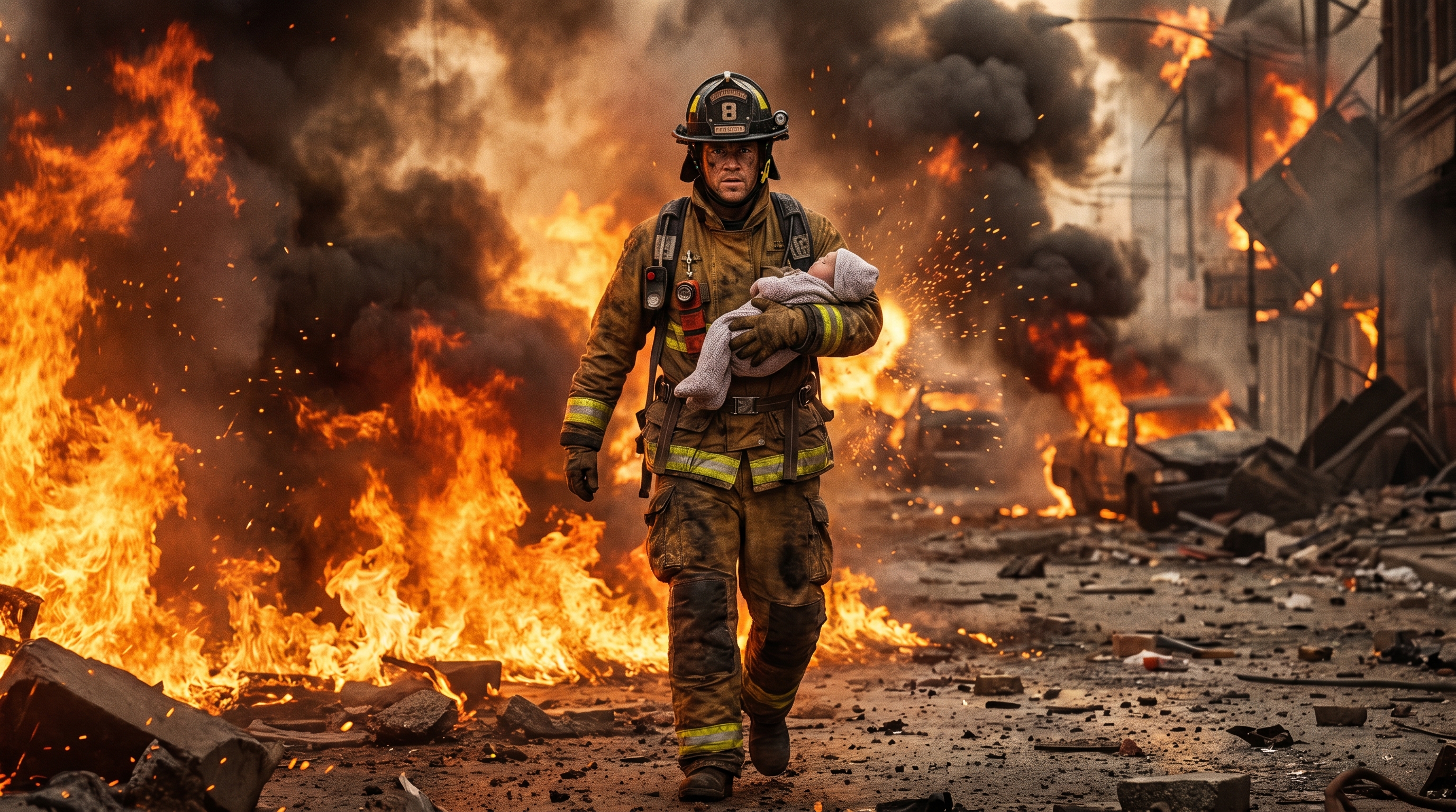 Firefighter walking through a burning urban street with debris and smoke.