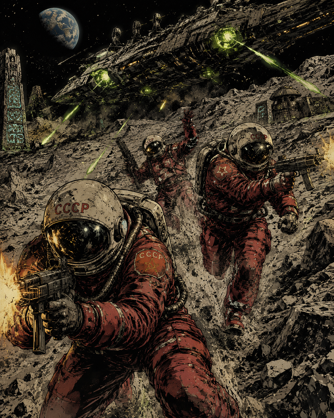 Soviet astronauts in red suits fight on a cratered lunar surface with a massive spaceship wreck and Earth visible in the b...