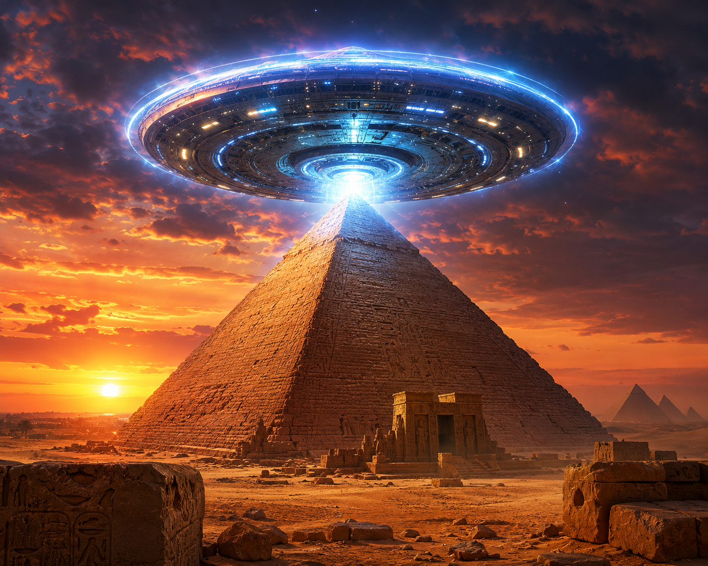 Great pyramid with glowing UFO hovering above at sunset.