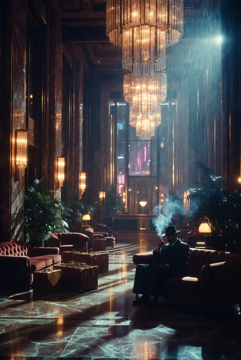 Elegant hotel lobby with grand chandeliers, velvet couches, and a man in a suit smoking in the foreground.