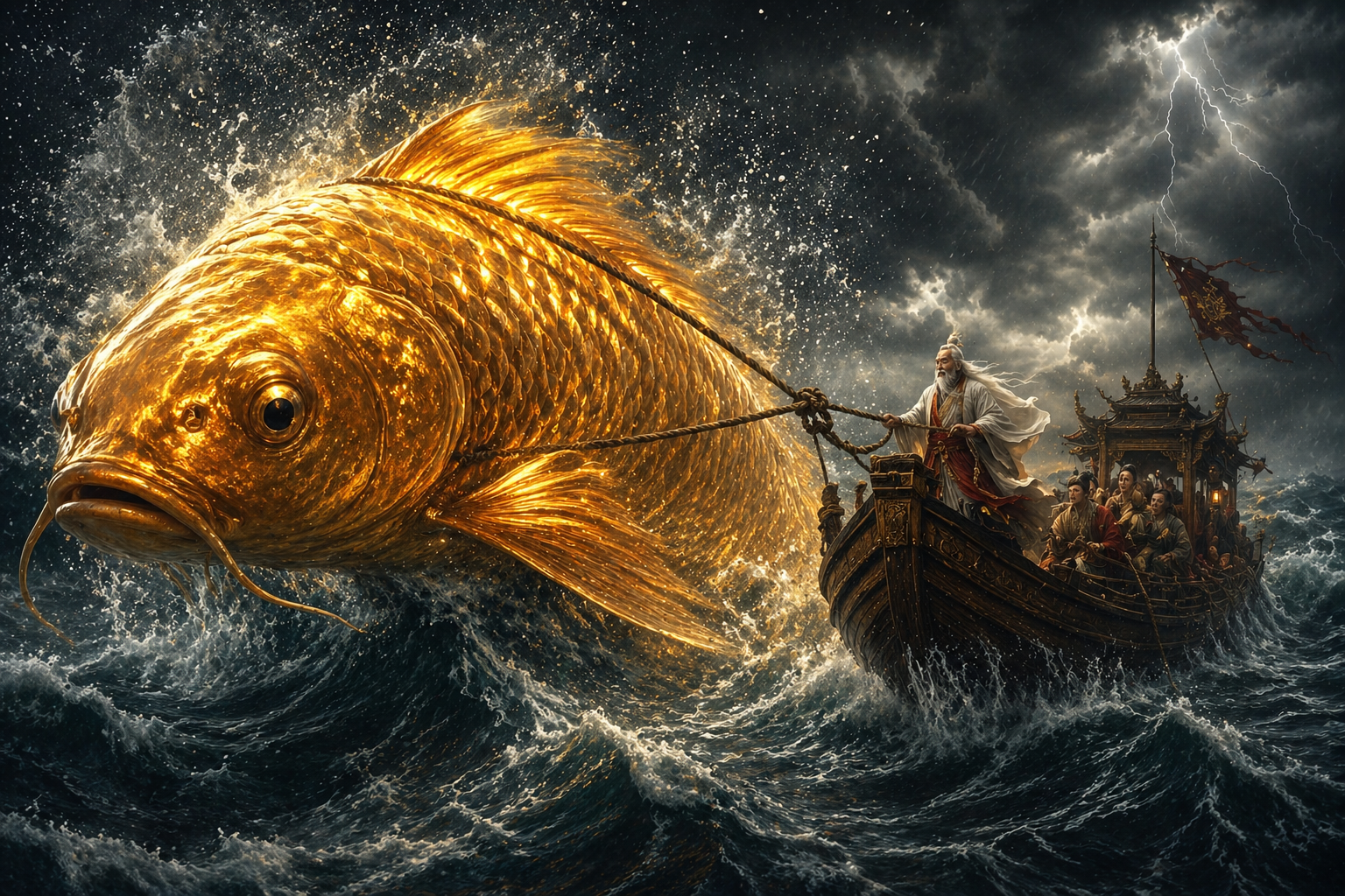 A colossal golden koi fish pulls a ornately carved boat through turbulent waves at night.