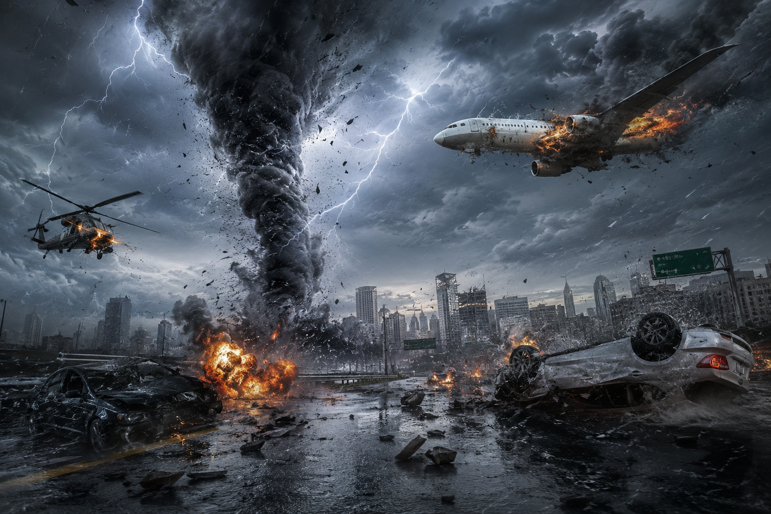 Apocalyptic disaster scene with a tornado, burning wreckage, crashed cars, and a plane over a city.