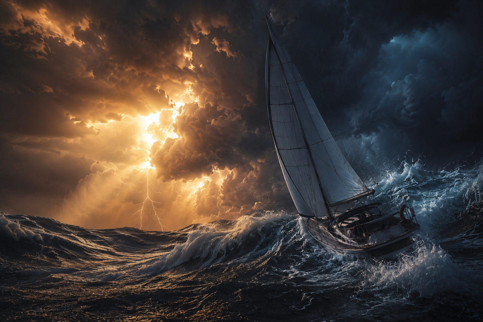 A lone sailboat battles dark stormy seas with lightning in the background.